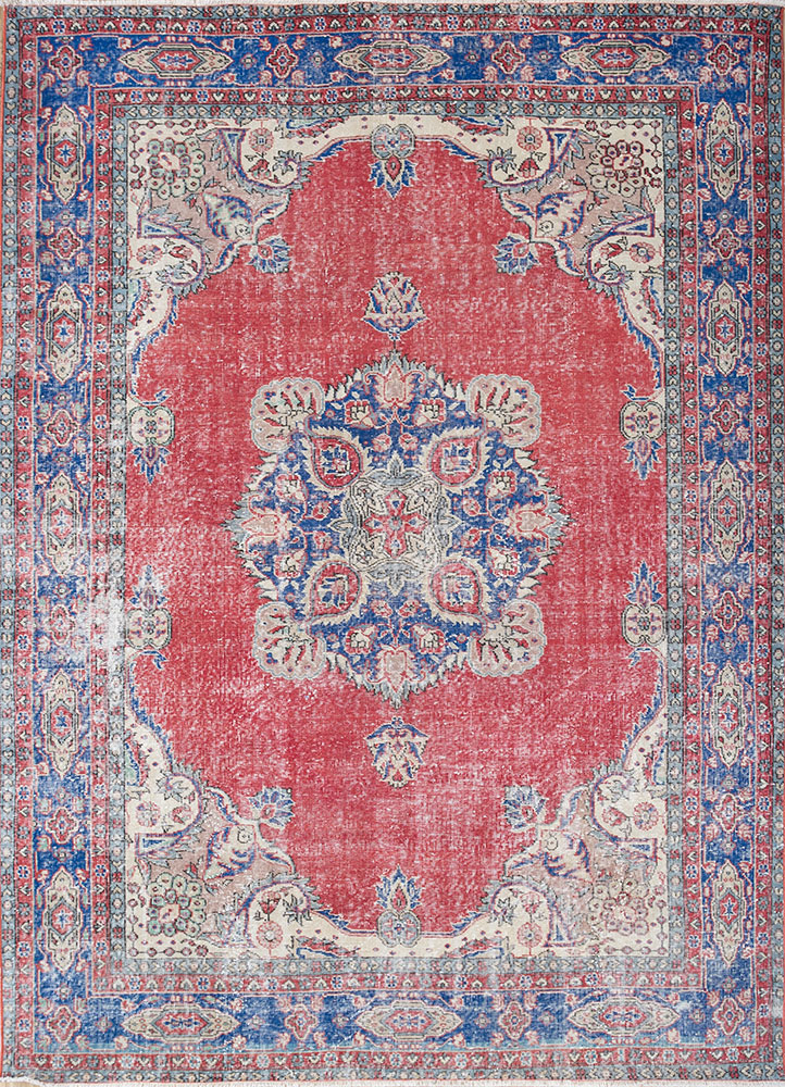 vintage red and orange wool hand knotted Rug - HeadShot