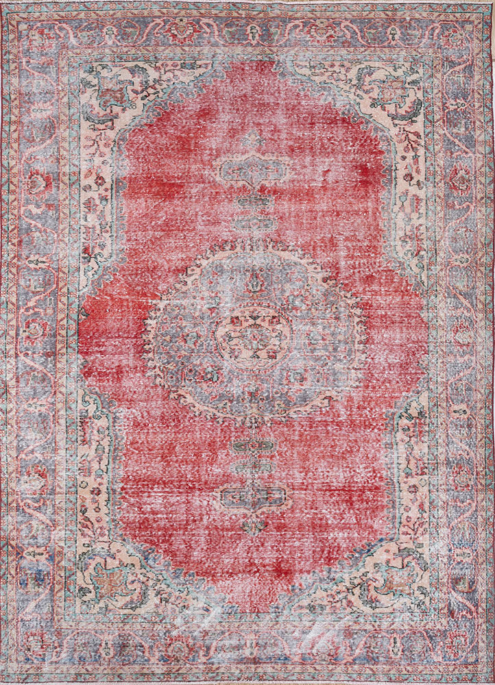vintage red and orange wool hand knotted Rug - HeadShot