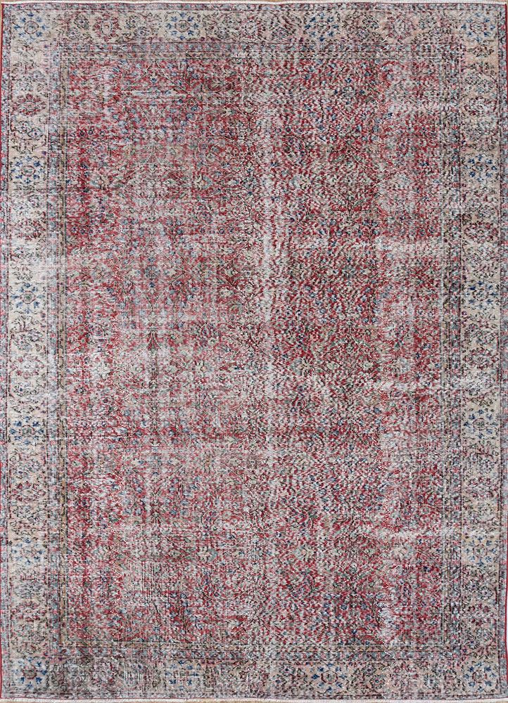 vintage red and orange wool hand knotted Rug - HeadShot