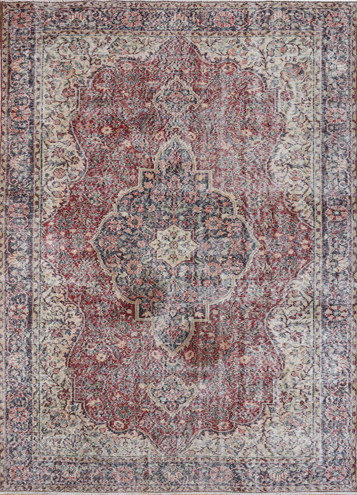 vintage red and orange wool hand knotted Rug - HeadShot