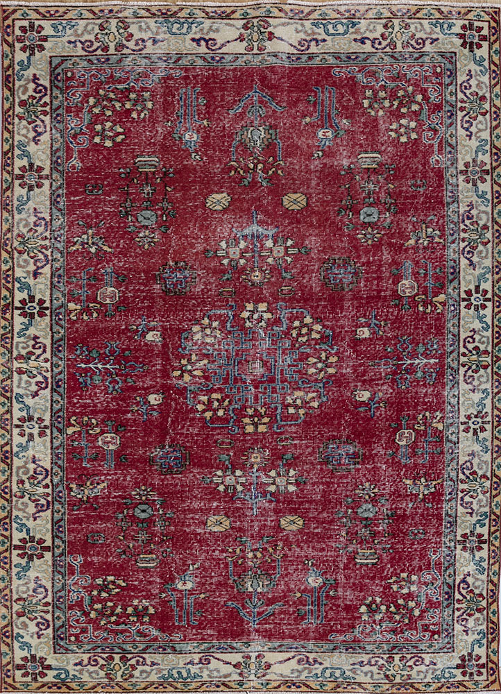 vintage red and orange wool hand knotted Rug - HeadShot
