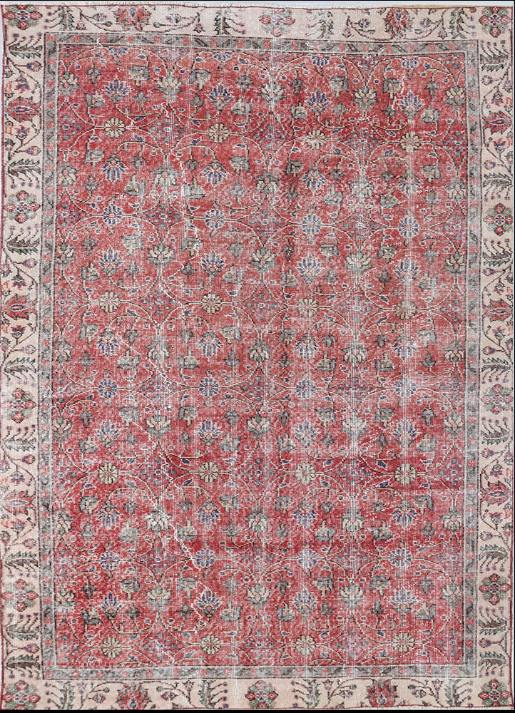 vintage red and orange wool hand knotted Rug - HeadShot