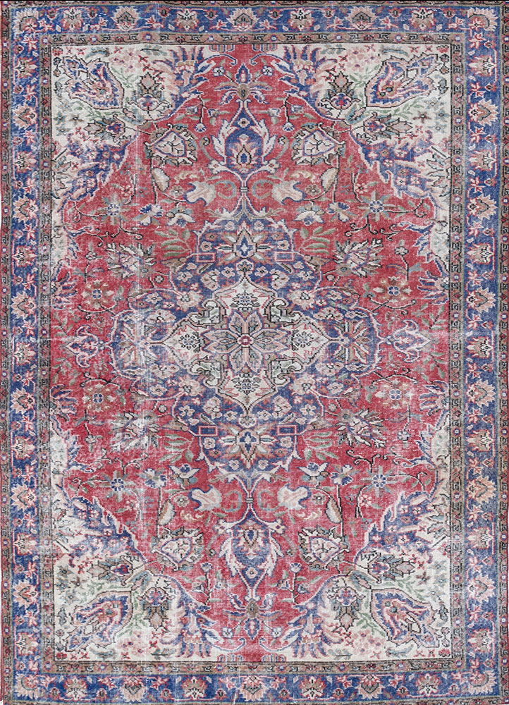 vintage red and orange wool hand knotted Rug - HeadShot