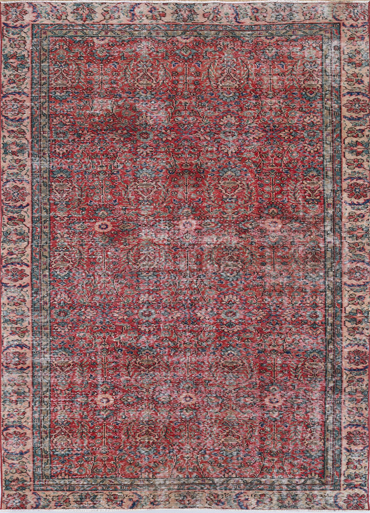 vintage red and orange wool hand knotted Rug - HeadShot
