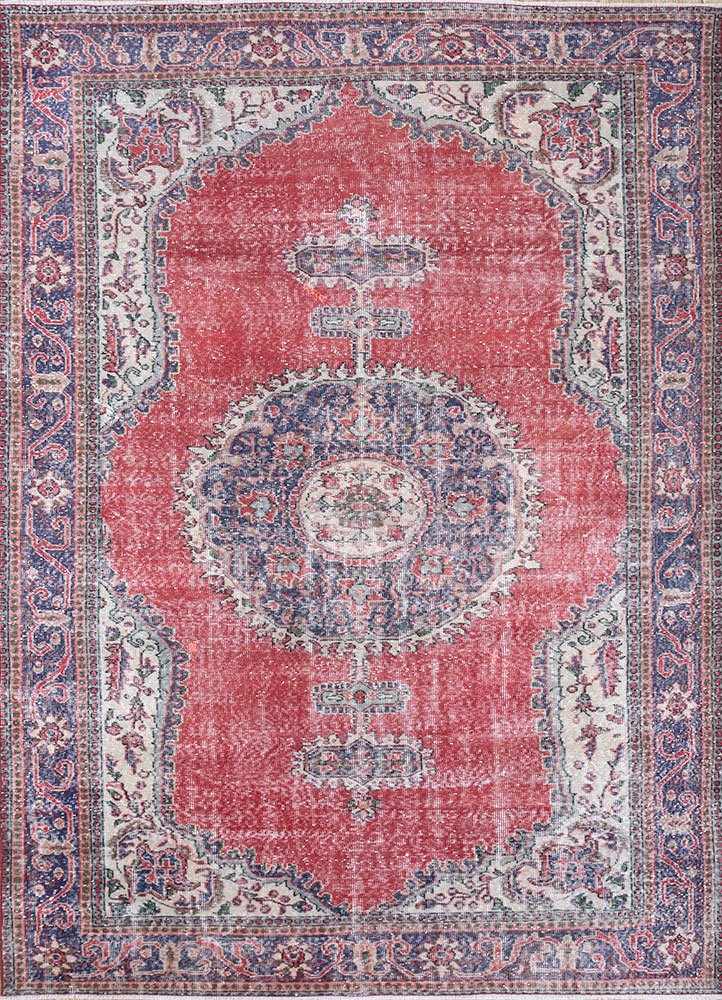 vintage red and orange wool hand knotted Rug - HeadShot