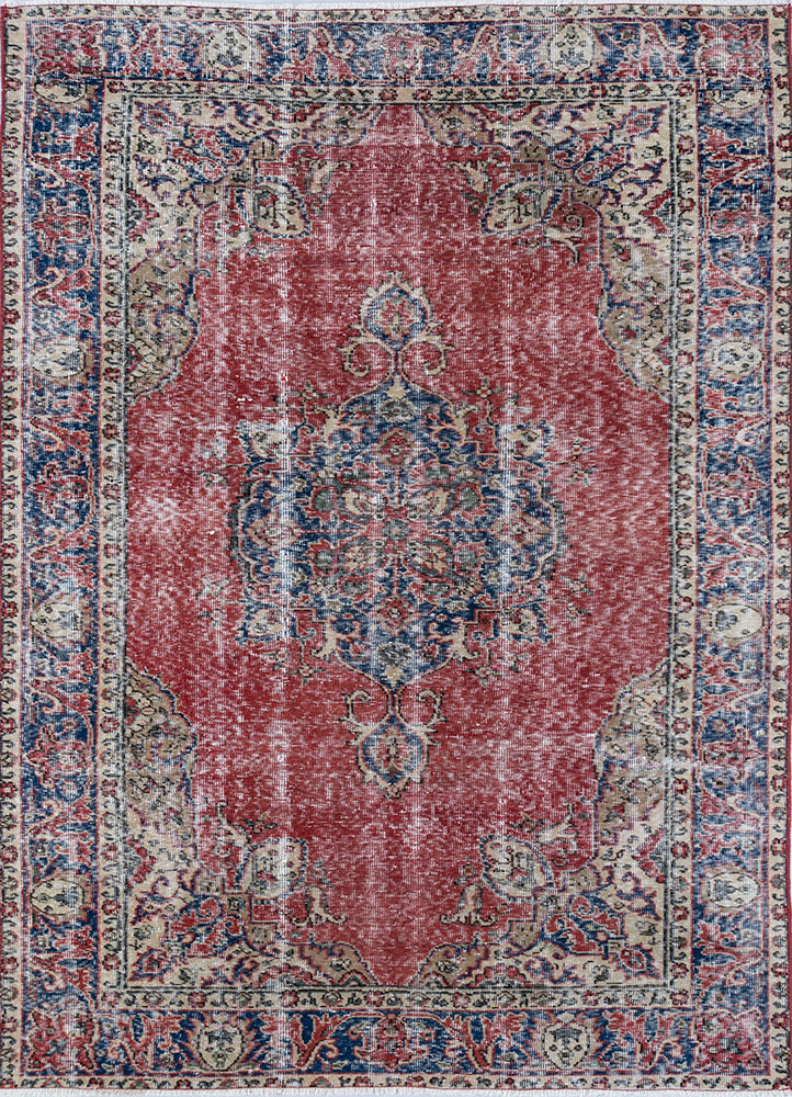 vintage red and orange wool hand knotted Rug - HeadShot