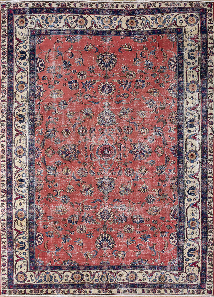 vintage red and orange wool hand knotted Rug - HeadShot