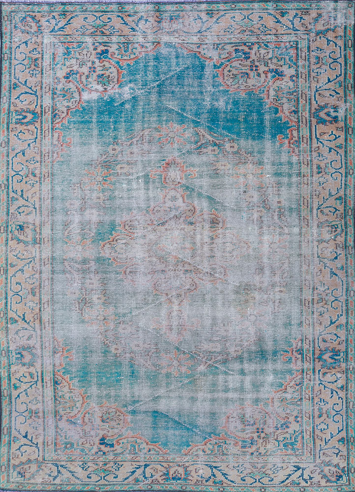 vintage blue wool hand knotted Rug - HeadShot