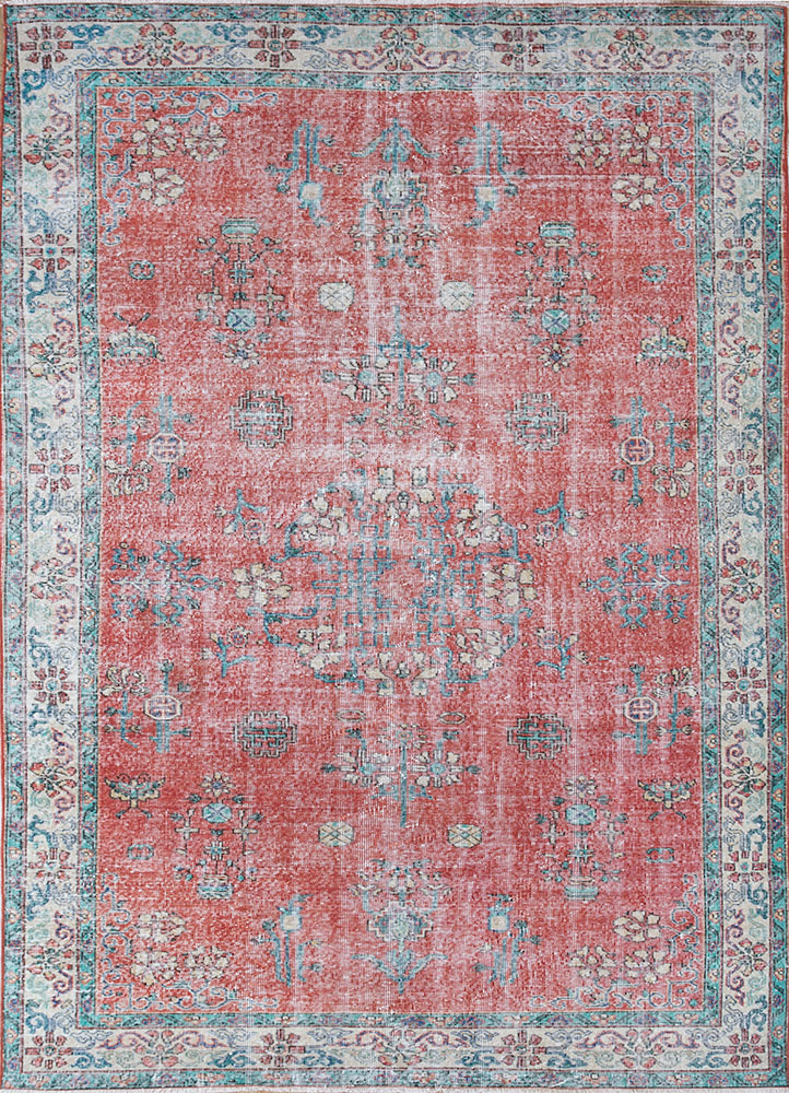 vintage red and orange wool hand knotted Rug - HeadShot