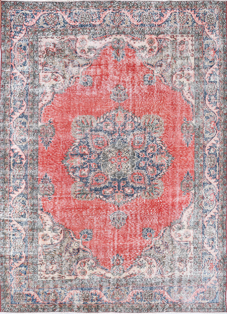 vintage red and orange wool hand knotted Rug - HeadShot