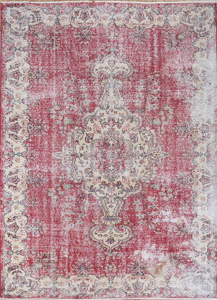 vintage red and orange wool hand knotted Rug - HeadShot