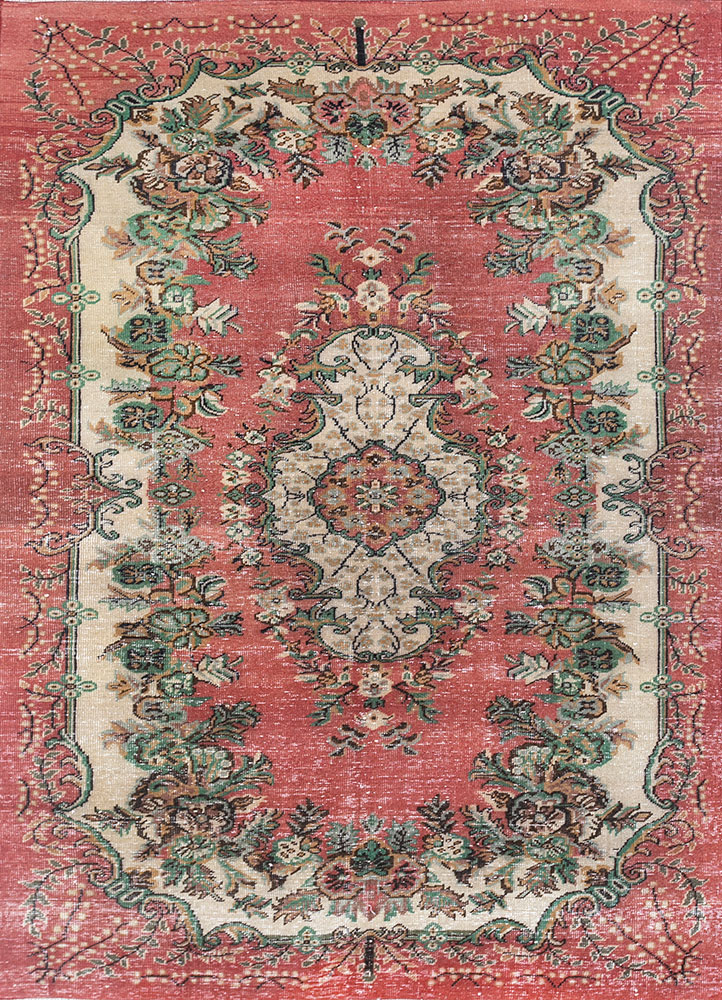 vintage red and orange wool hand knotted Rug - HeadShot