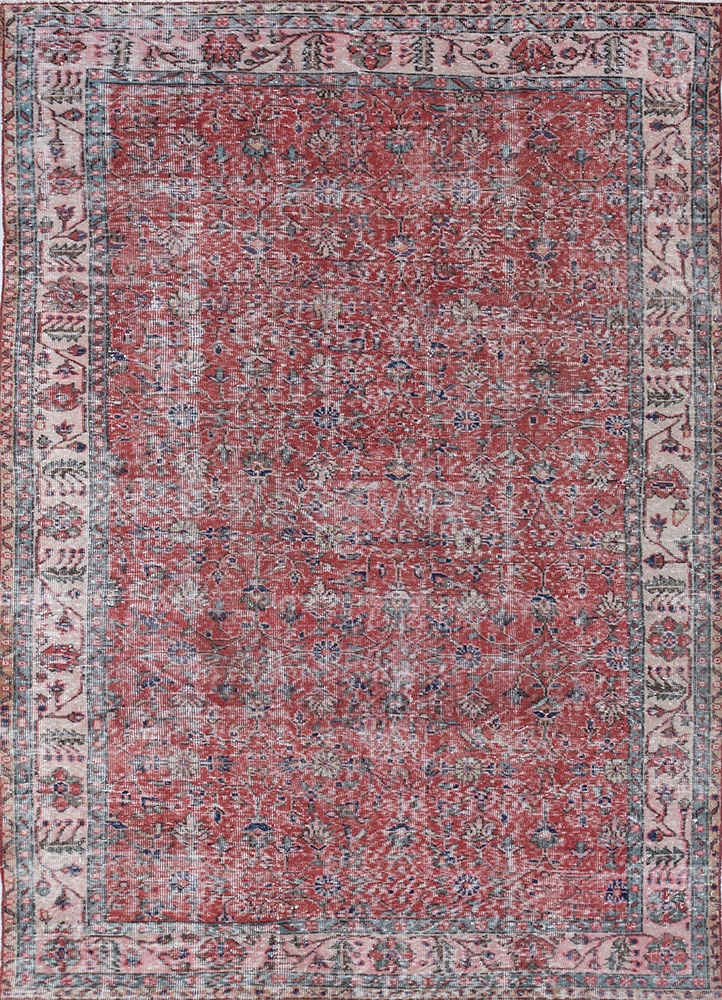 vintage red and orange wool hand knotted Rug - HeadShot