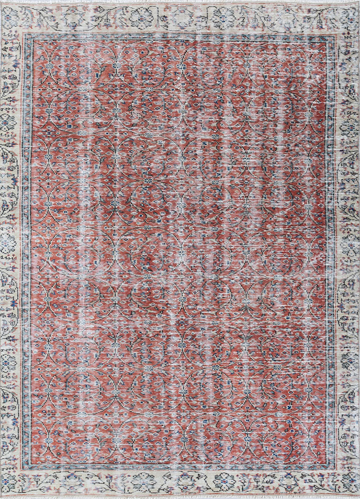 vintage red and orange wool hand knotted Rug - HeadShot