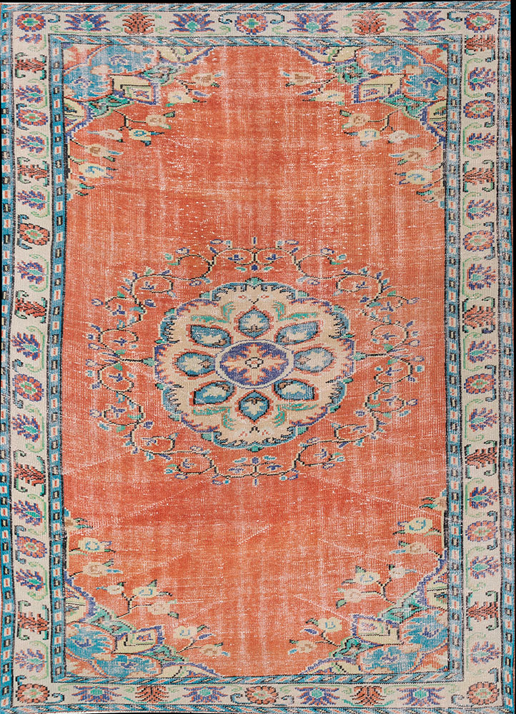 vintage red and orange wool hand knotted Rug - HeadShot