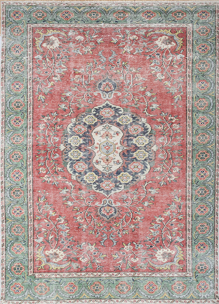 vintage red and orange wool hand knotted Rug - HeadShot