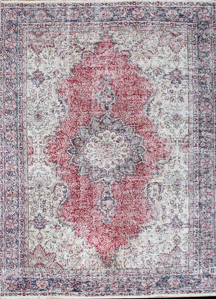 vintage red and orange wool hand knotted Rug - HeadShot
