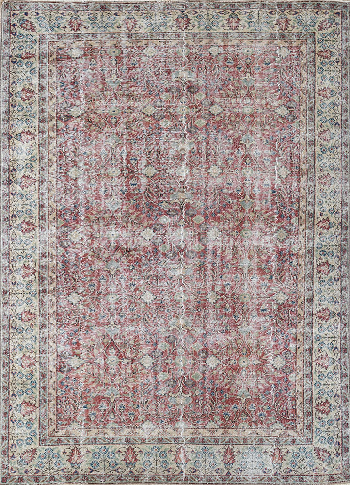 vintage red and orange wool hand knotted Rug - HeadShot