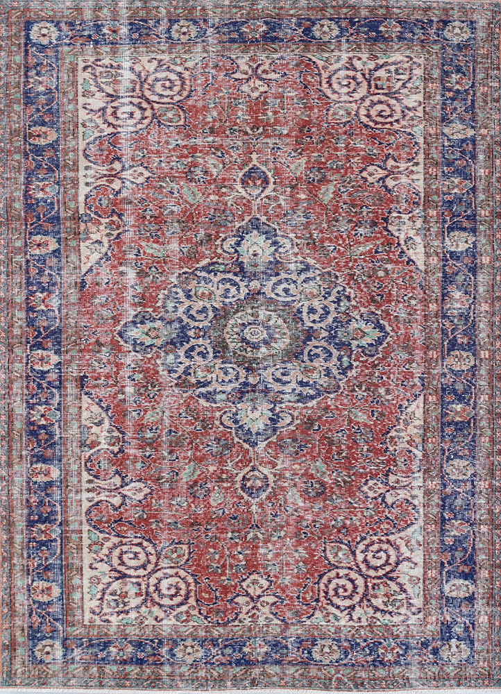 vintage red and orange wool hand knotted Rug - HeadShot