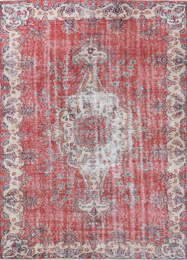vintage red and orange wool hand knotted Rug - HeadShot
