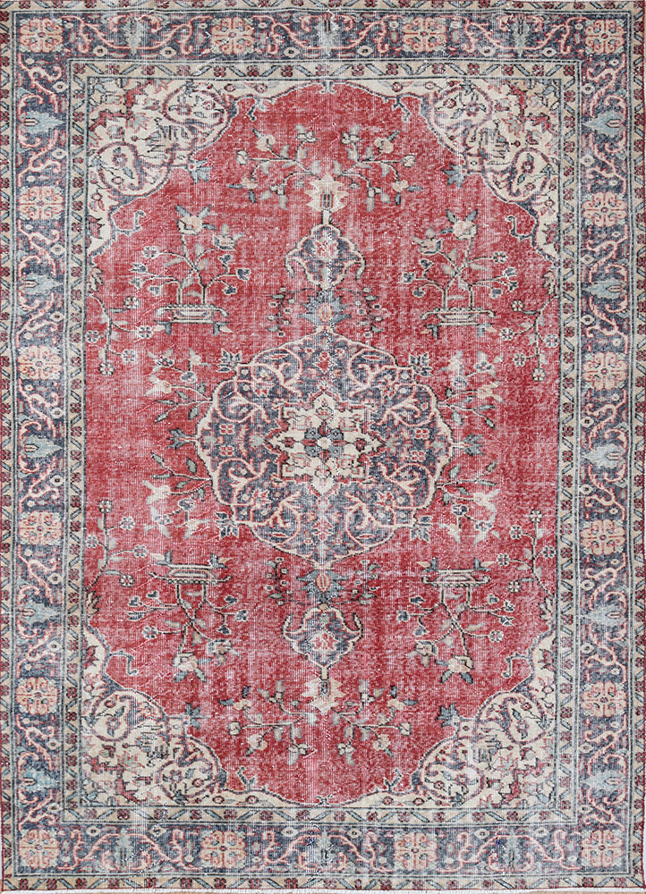 vintage red and orange wool hand knotted Rug - HeadShot