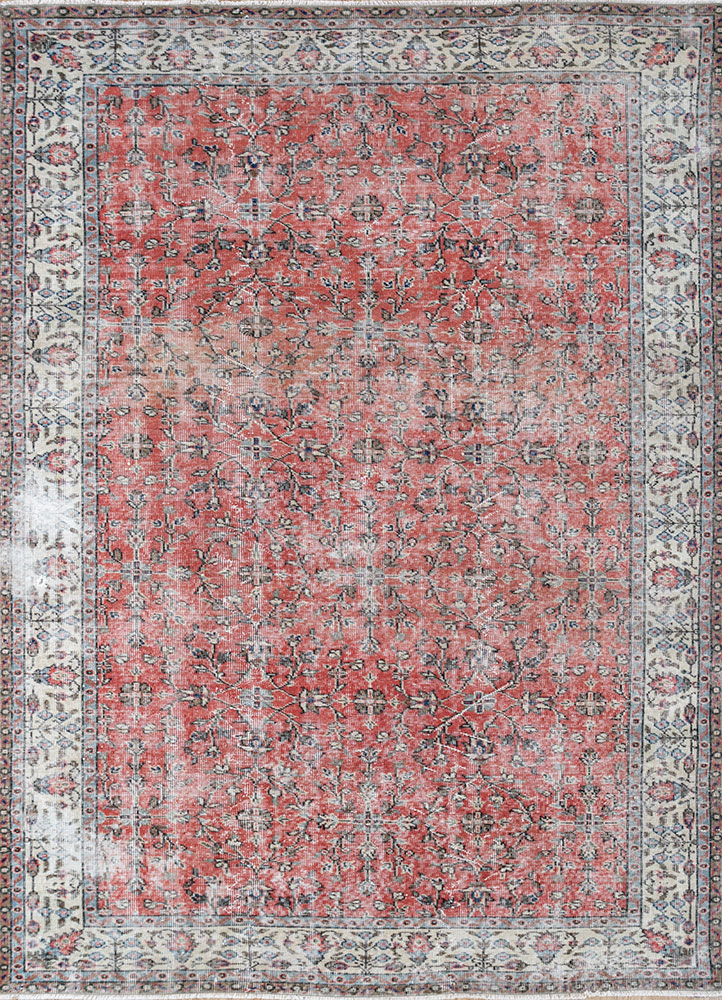 vintage red and orange wool hand knotted Rug - HeadShot