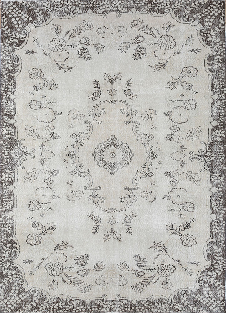vintage beige and brown wool hand knotted Rug - HeadShot