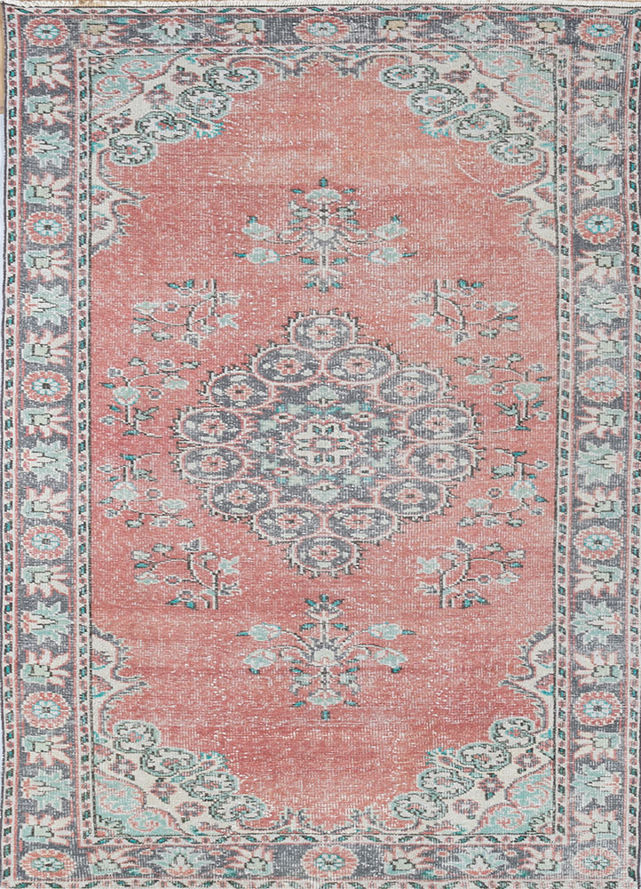 vintage red and orange wool hand knotted Rug - HeadShot