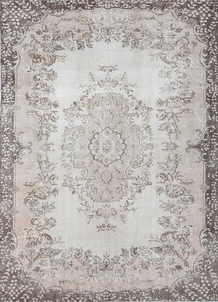 vintage beige and brown wool hand knotted Rug - HeadShot