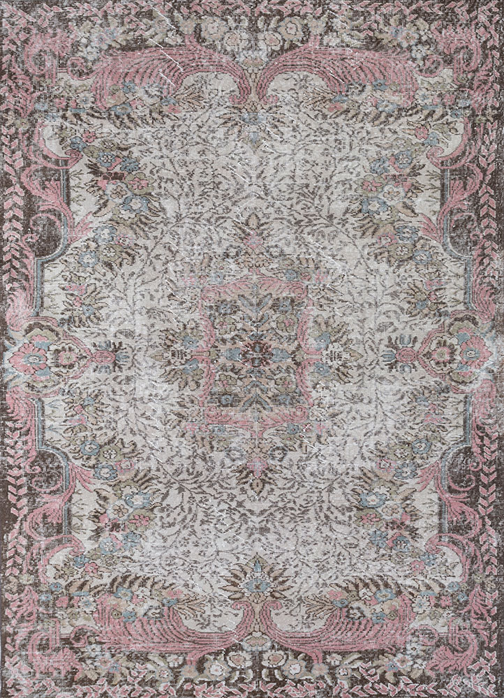 vintage beige and brown wool hand knotted Rug - HeadShot