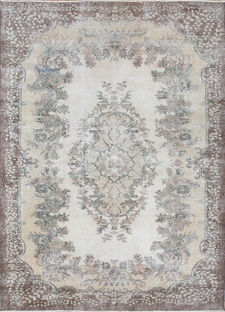 vintage beige and brown wool hand knotted Rug - HeadShot