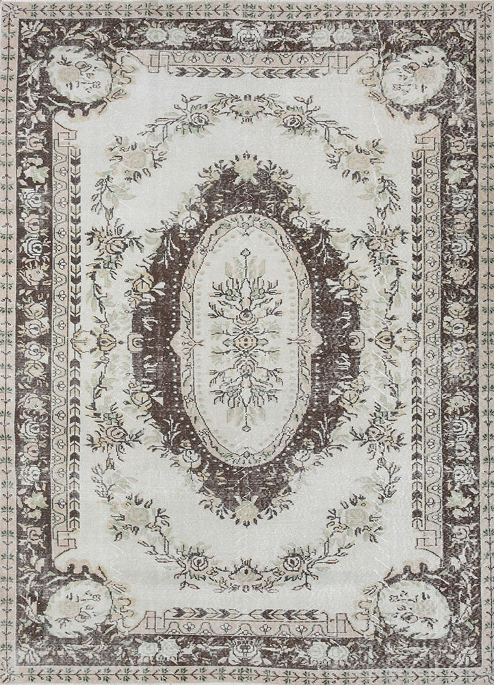vintage beige and brown wool hand knotted Rug - HeadShot