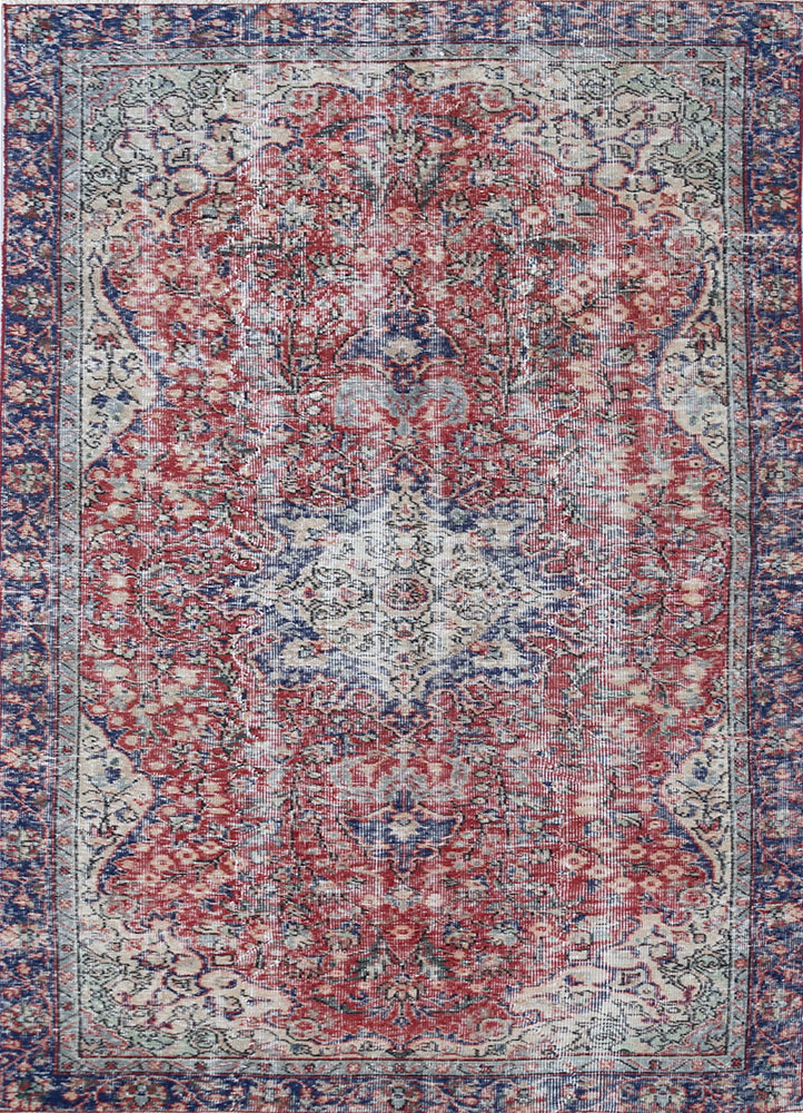vintage red and orange wool hand knotted Rug - HeadShot