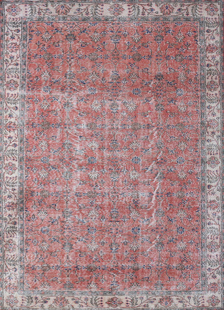 vintage red and orange wool hand knotted Rug - HeadShot