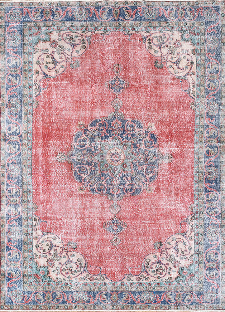 vintage red and orange wool hand knotted Rug - HeadShot