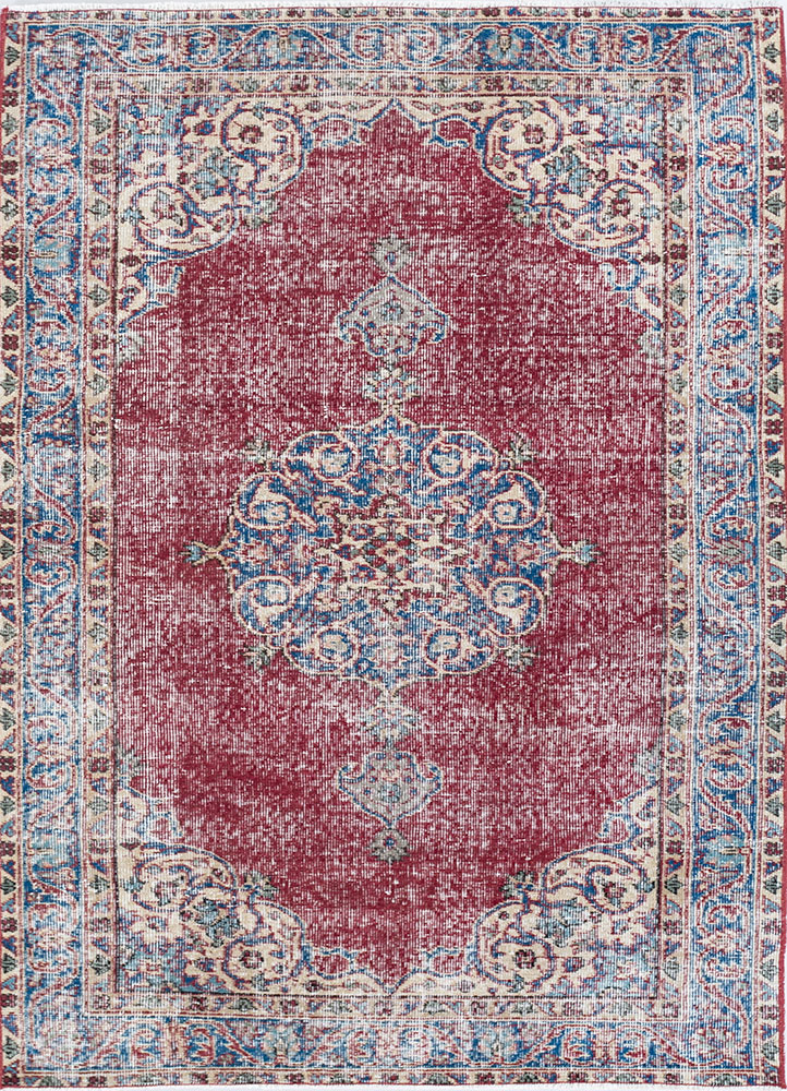 vintage red and orange wool hand knotted Rug - HeadShot