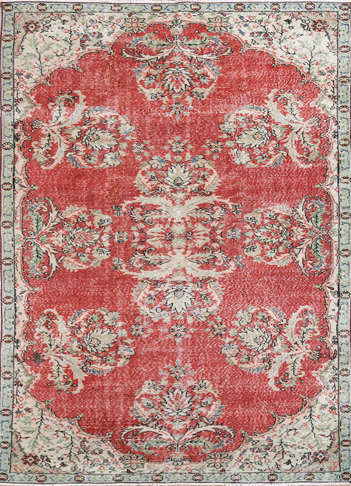vintage red and orange wool hand knotted Rug - HeadShot