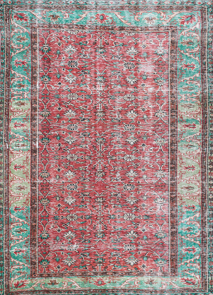 vintage red and orange wool hand knotted Rug - HeadShot