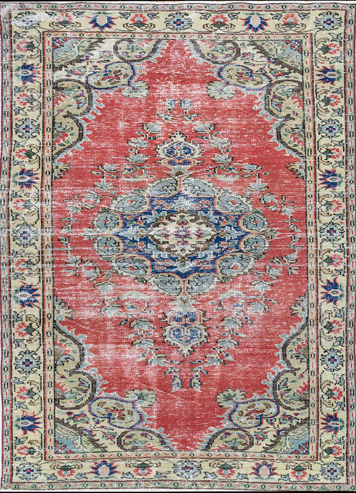 vintage red and orange wool hand knotted Rug - HeadShot