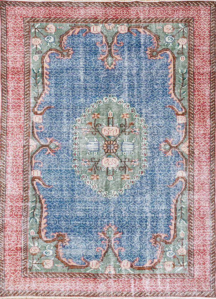 vintage blue wool hand knotted Rug - HeadShot