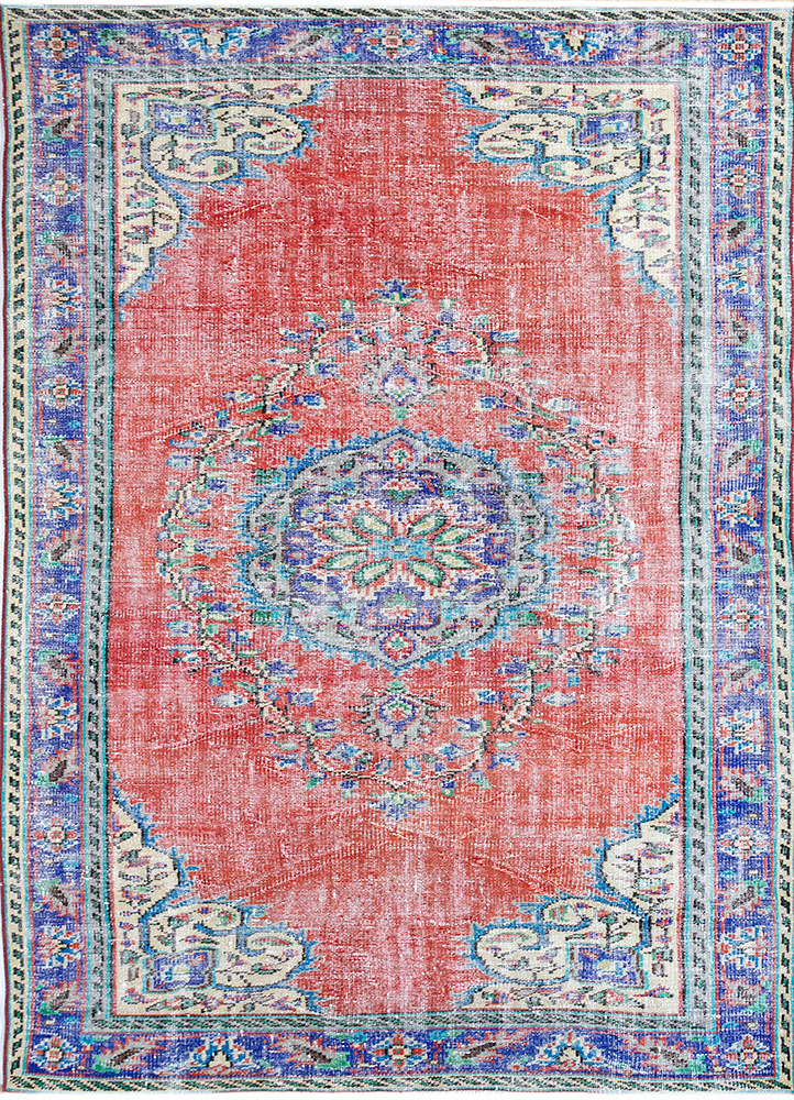 vintage red and orange wool hand knotted Rug - HeadShot