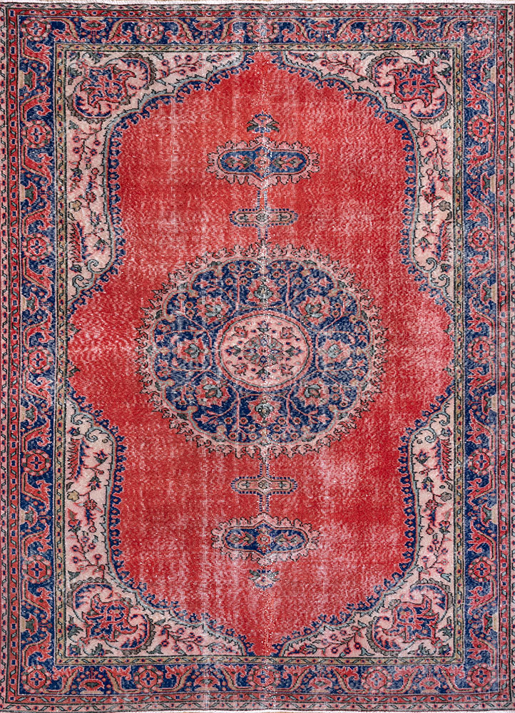 vintage red and orange wool hand knotted Rug - HeadShot