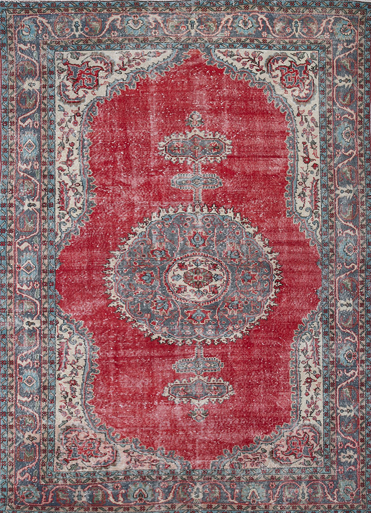 vintage red and orange wool hand knotted Rug - HeadShot