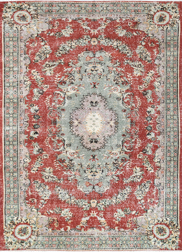 vintage red and orange wool hand knotted Rug - HeadShot