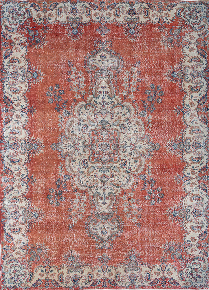 vintage red and orange wool hand knotted Rug - HeadShot