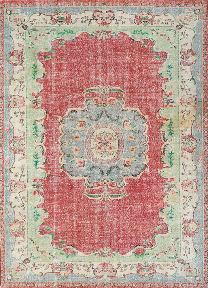vintage red and orange wool hand knotted Rug - HeadShot