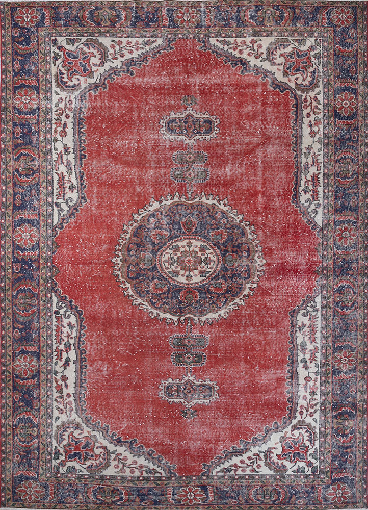 vintage red and orange wool hand knotted Rug - HeadShot