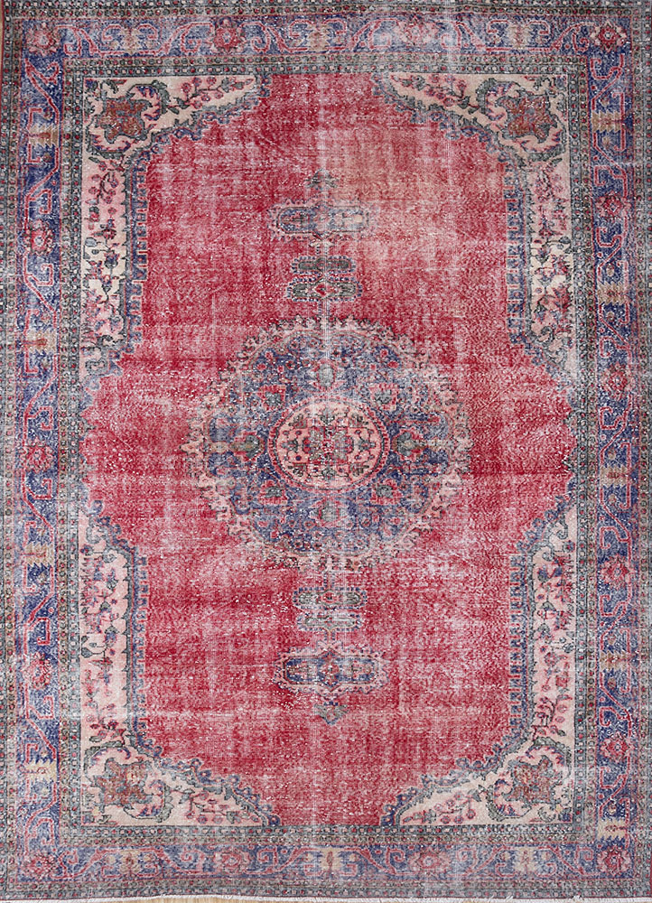 vintage red and orange wool hand knotted Rug - HeadShot
