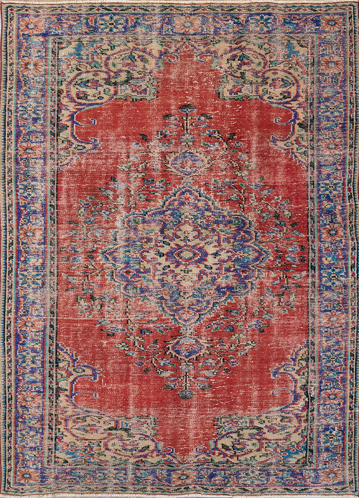 vintage red and orange wool hand knotted Rug - HeadShot