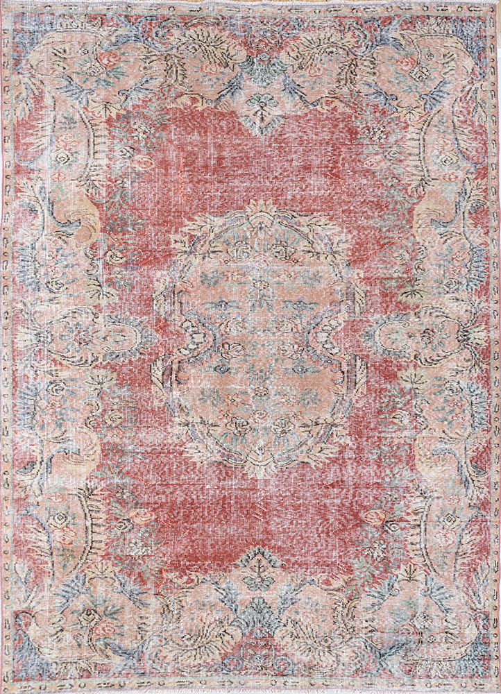 vintage red and orange wool hand knotted Rug - HeadShot